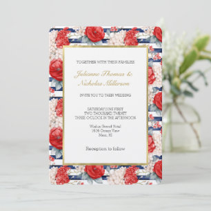 Convite Listras Azuis Casamento Floral Vermelho Branco