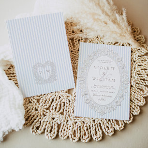Convite Listras Azuis de Renda Vintage Casamento Old Money