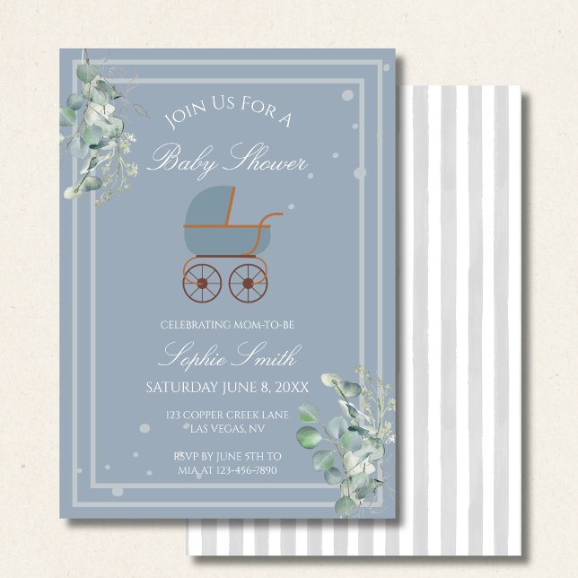 Convite Listras Azuis Pastéis Carrinho de Bebê Chá de Bebê (Criador carregado)