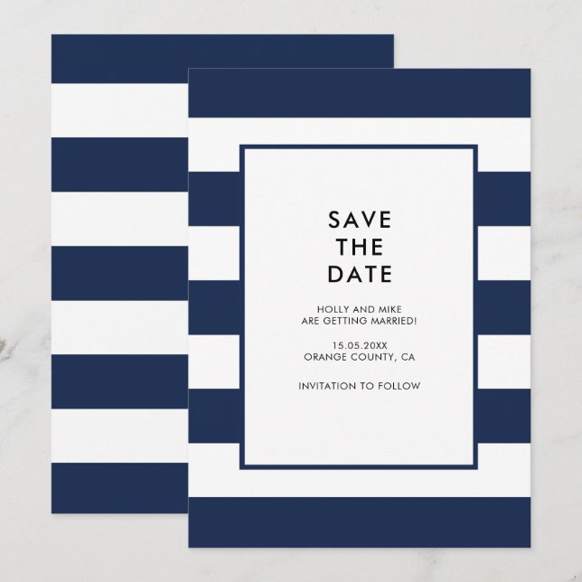 Convite Listras Brancas da Marinha Chic Simples Moderno Mi (Frente/Verso)