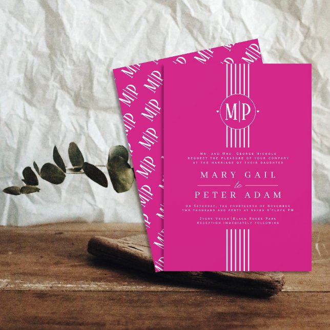 Convite Listras brancas e iniciais do casamento magenta (Criador carregado)