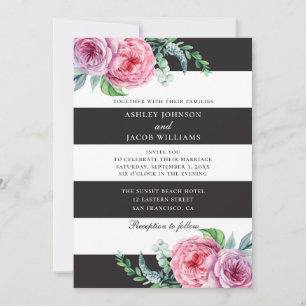 Convite Listras brancas pretas florais. Casamento de flore