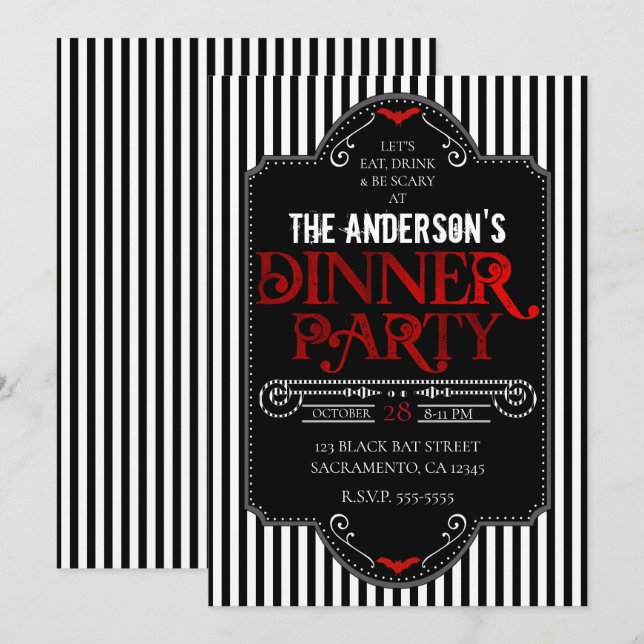 Convite Listras Brancas Pretas Jantar Gótico Vermelho (Frente/Verso)