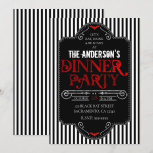 Convite Listras Brancas Pretas Jantar Gótico Vermelho