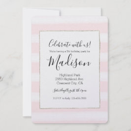 Convite Listras Brancas Rosa Suave Aquarela Aniversário