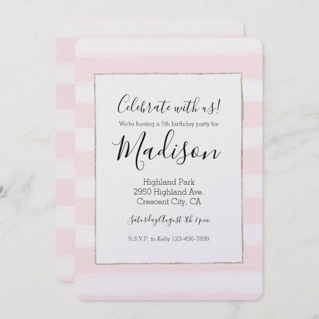 Convite Listras Brancas Rosa Suave Aquarela Aniversário (Frente/Verso)