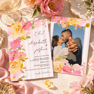 Convite Listras cor-de-rosa amarelo floral foto casamento