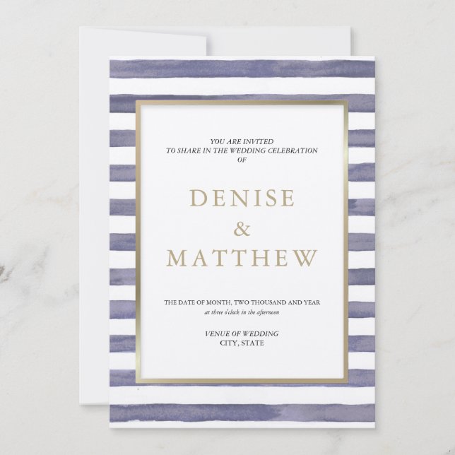 Convite Listras de aquarela em cinza lavanda e letras dour (Frente)