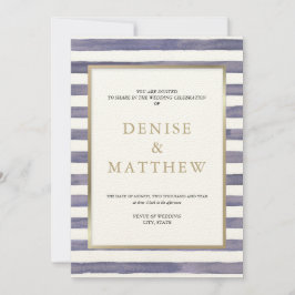 Convite Listras de aquarela em cinza lavanda e letras dour