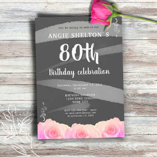 Convite Listras de Aquarela Floral Rosa Pink para 80º Aniv