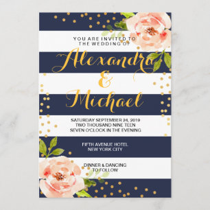 Convite Listras de azuis marinhos florais & pontos da