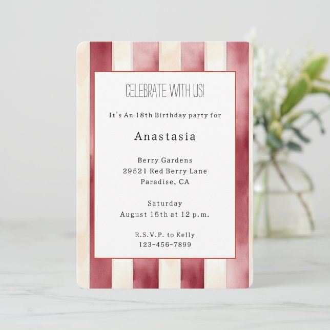 Convite Listras de Creme Vermelho Borgonha Aniversário (Em pé/Frente)