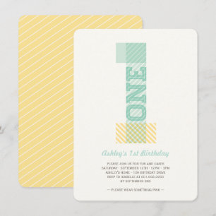 Convite Listras de Grande Número 1 Bebê Neutro 1º Aniversá