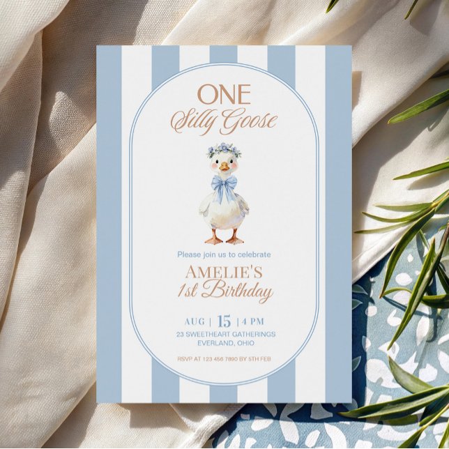 Convite Listras de Laço Azul Silly Goose aniversário (Criador carregado)