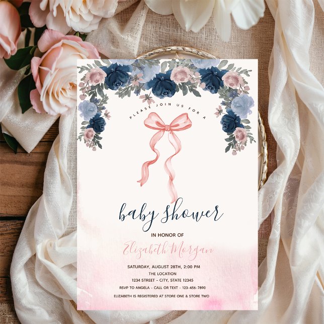 Convite Listras de Laço Rosa Flores Baby Shower  (Criador carregado)