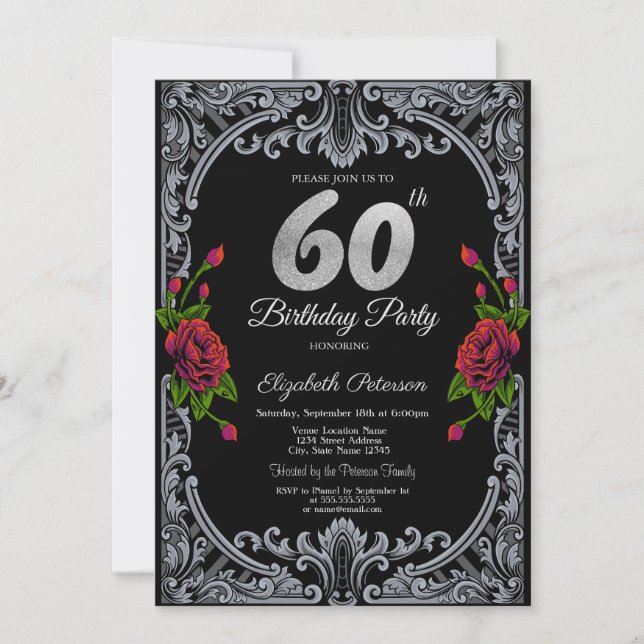 Convite Listras de Rosas Vermelhas Elegantes Gótico Aniver (Frente)