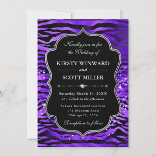Convite Listras de Tigre Roxo Brilho Glam Casamento