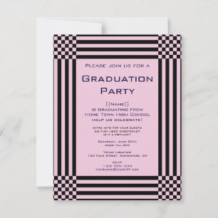 Convite Listras de Xadrez Preto e Rosa Festa de Graduação