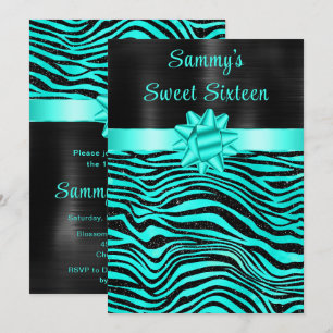 Convite Listras de Zebra Turquesa e Preto Sweet Sixteen