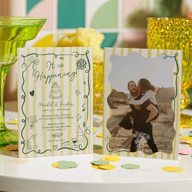 Convite Listras desenhadas à mão com verde cítrico foto ca (Citrus Green hand drawn Stripes photo wedding Invitation)
