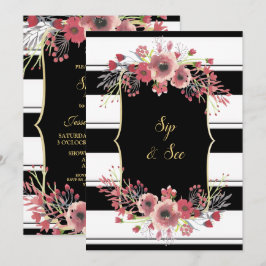 Convite Listras Elegantes Floral Aquarela Sip & See