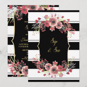 Convite Listras Elegantes Floral Aquarela Sip & See