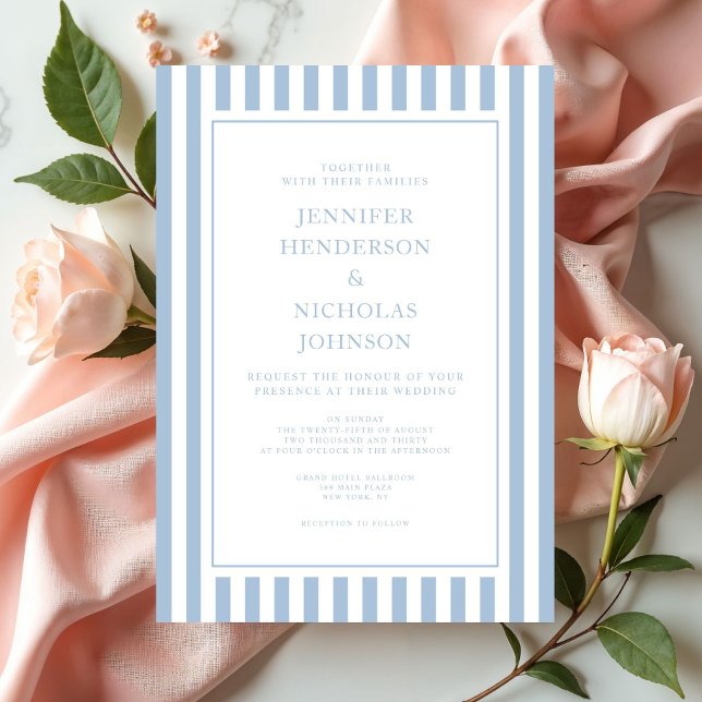 Convite Listras Formais Elegantes Azul Pó Casamento (Elegant Formal Stripes Powder Blue Wedding Invitation)