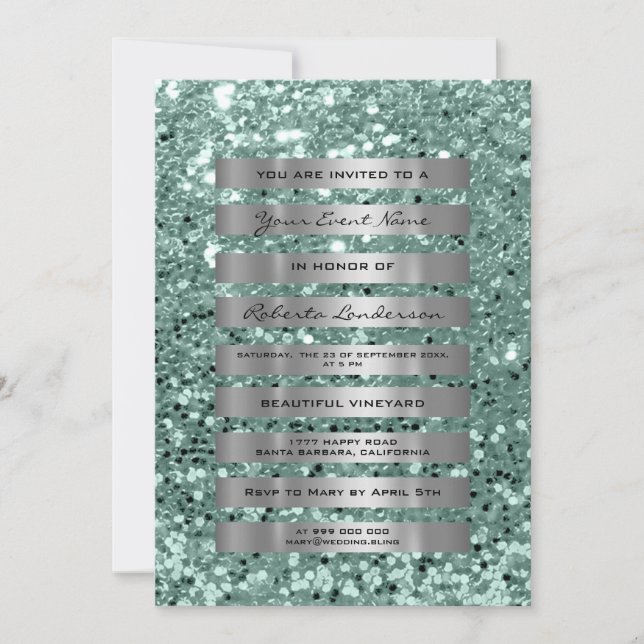 Convite Listras Glitter Prata Cinza Verde Pastel Menta (Frente)