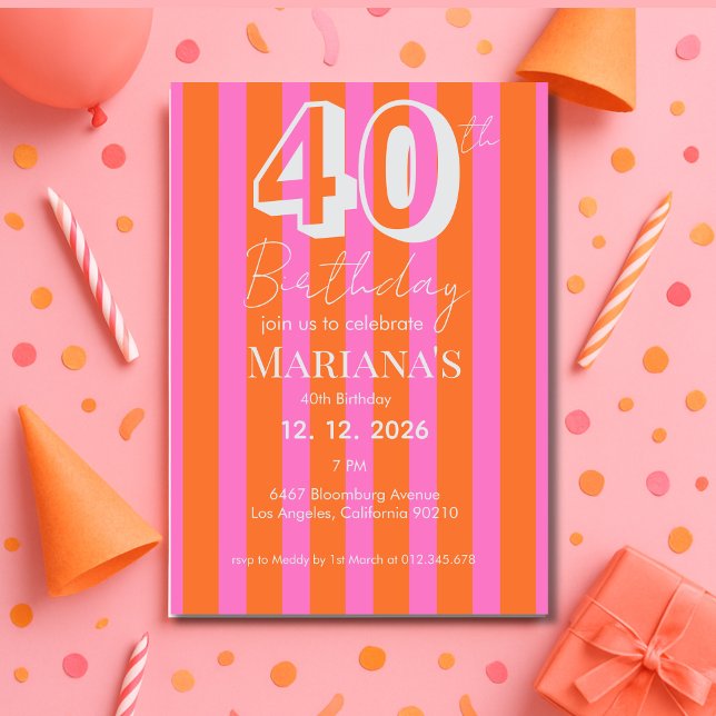 Convite Listras Laranja Rosa Moderno 40º Aniversário (Criador carregado)