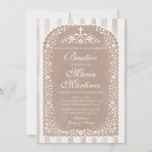Convite Listras Marrons Floral Espanhol Bautizo Talavera