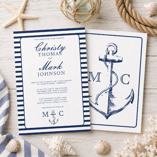Convite Listras Náuticas Âncora de Casamento Naval (This wedding nautical themed invitation is inspired by classic anchors and stripes.
)