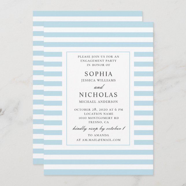 Convite Listras náuticas azuis. Festa de noivado com distr (Frente/Verso)