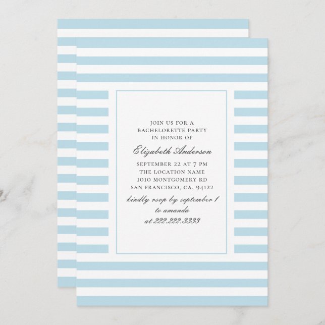 Convite Listras náuticas azuis. Festa de solteira com dist (Frente/Verso)