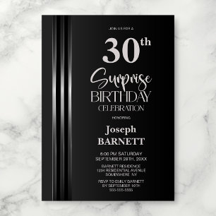 Convite Listras Prateadas Preto Cinza 30º Aniversário Surp