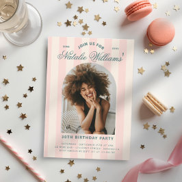 Convite Listras Preppy Aniversário de 30 anos Foto Rosa