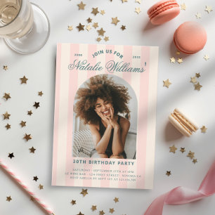 Convite Listras Preppy Aniversário de 30 anos Foto Rosa