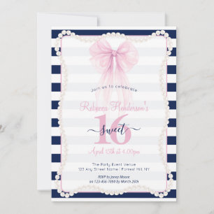 Convite Listras Preppy Laço Rosa Pérolas Sweet 16