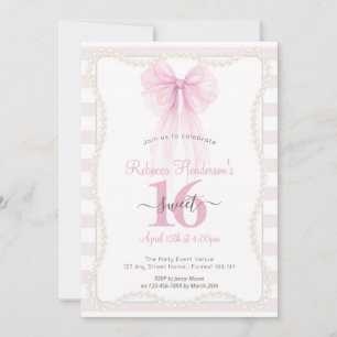 Convite Listras Preppy Laço Rosa Pérolas Sweet 16