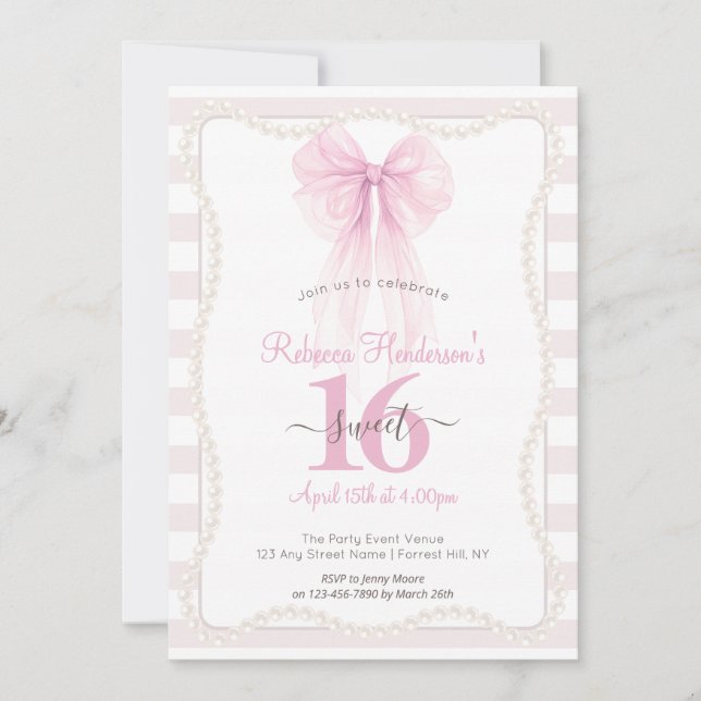 Convite Listras Preppy Laço Rosa Pérolas Sweet 16 (Frente)