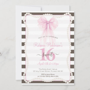 Convite Listras Preppy Laço Rosa Pérolas Sweet 16