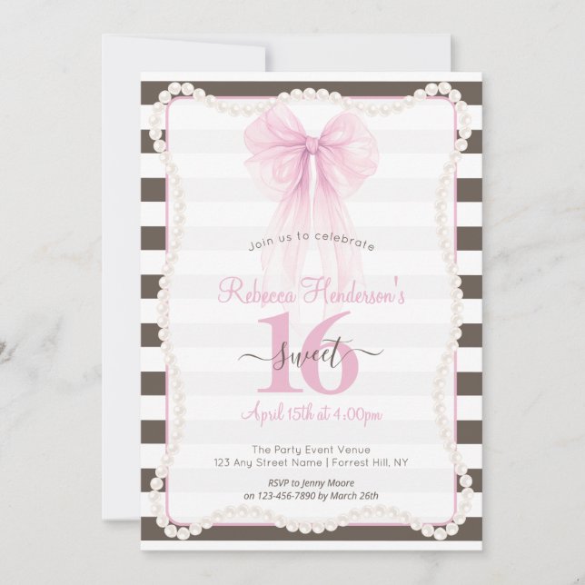 Convite Listras Preppy Laço Rosa Pérolas Sweet 16 (Frente)