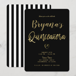 Convite Listras Pretas e Brancas Dourado Chic 15 Quinceañe