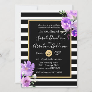 Convite Listras Pretas e Brancas Flores Rosas Casamento