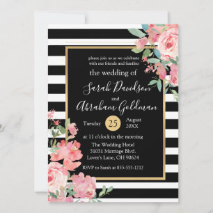 Convite Listras Pretas e Brancas Flores Rosas Casamento
