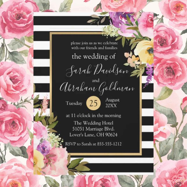 Convite Listras Pretas e Brancas Flores Rosas Casamento  (Criador carregado)