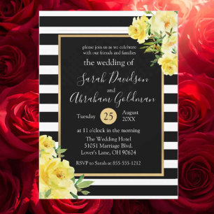 Convite Listras Pretas e Brancas Flores Rosas Casamento