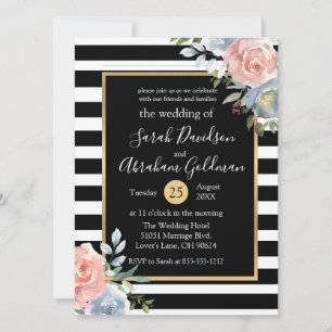 Convite Listras Pretas e Brancas Flores Rosas Casamento