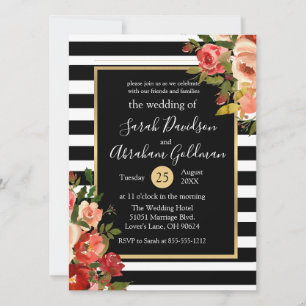 Convite Listras Pretas e Brancas Flores Rosas Casamento