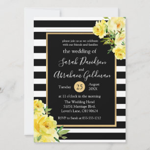 Convite Listras Pretas e Brancas Flores Rosas Casamento