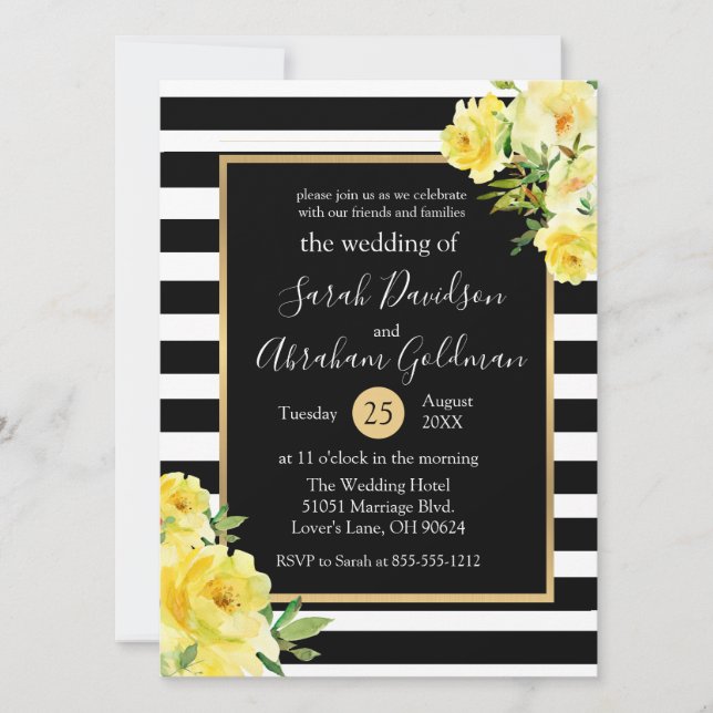 Convite Listras Pretas e Brancas Flores Rosas Casamento  (Frente)